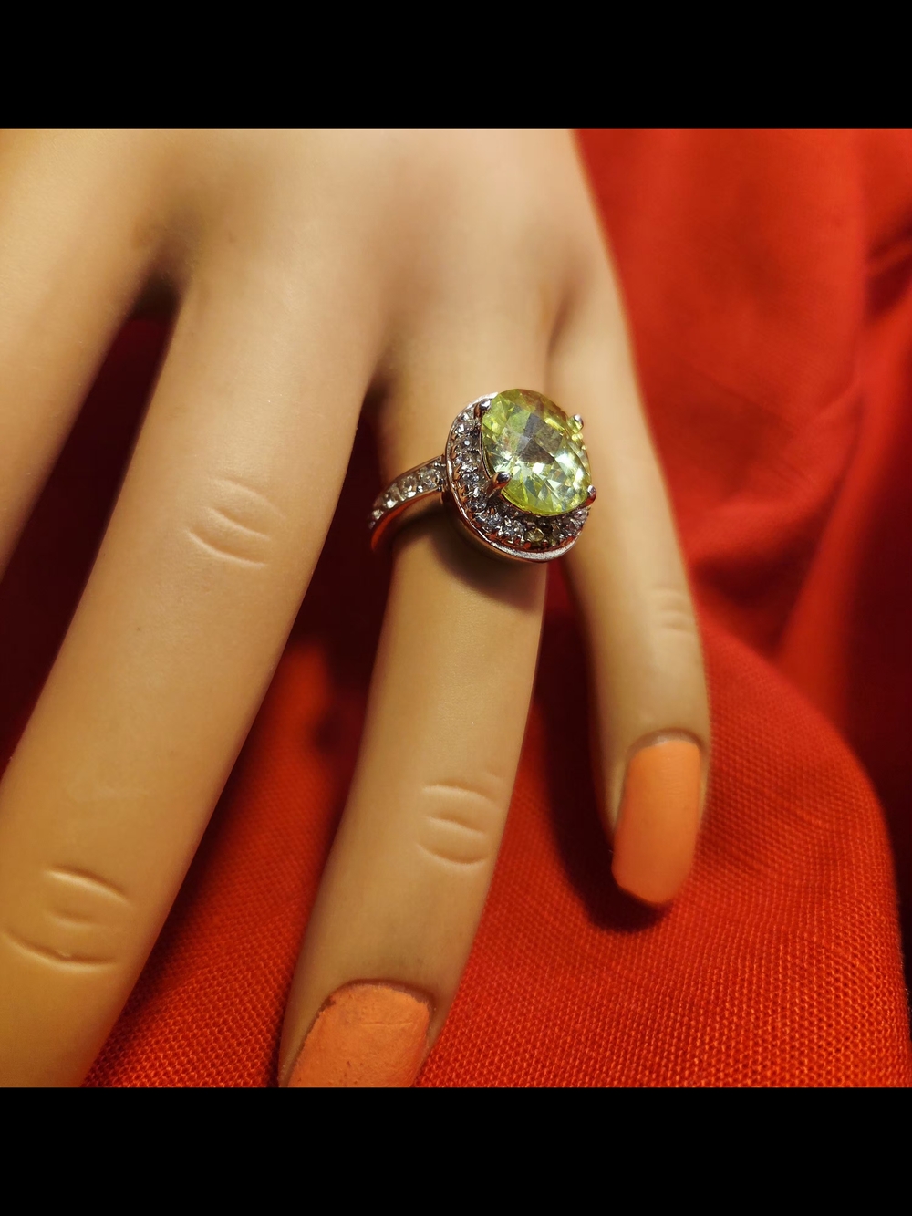 Silver Ring with Light Green Oval Gemstone and Pavé Accents JG INTERNATIONAL # 5